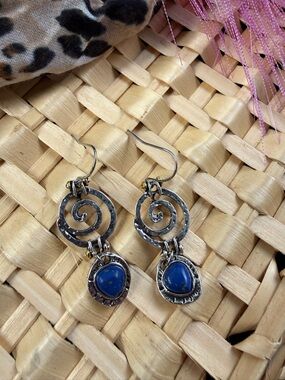 Handcrafted Silver Spiral Earrings with Blue Stone